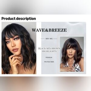 NWT Black and Brown Wavy Hair Wig 14"